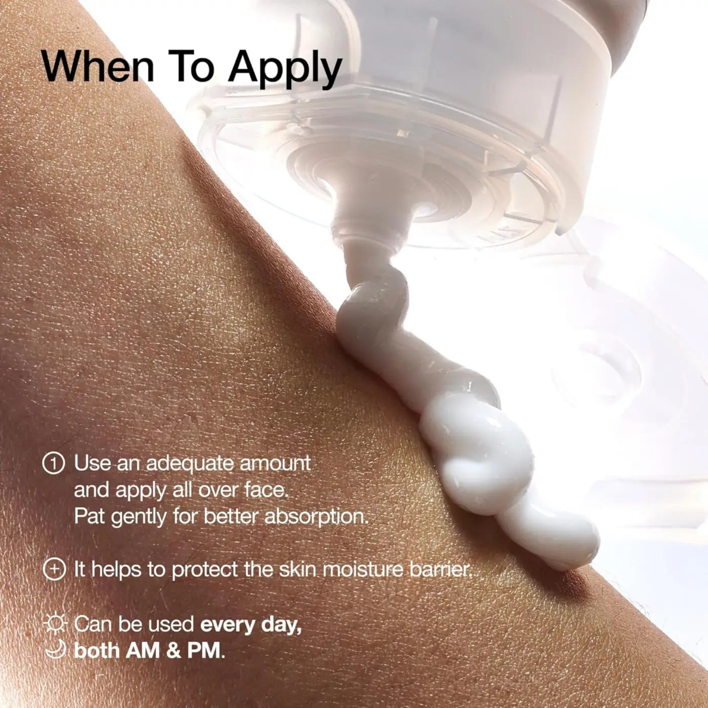 A white creamy 3 ceramide panthenol moisture barrier cream from best korean skincare brands sa dispensed on sun-kissed skin