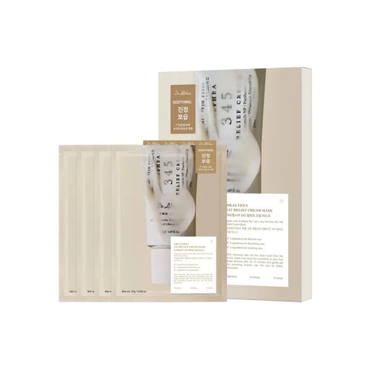 Beige rectangular box containing a set of dr 345 relief cream mask for soothing skin with relief cream mask benefits