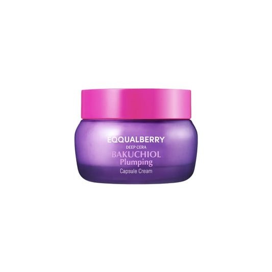 Purple glass jar with vibrant pink lid labeled bakuchiol plumping capsule cream for skin by the best korean skincare brands sa