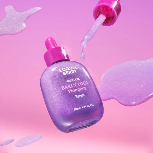 Purple glass dropper bottle with pink cap labeled equaal berry deep cera bakuchiol plumping serum for skin care