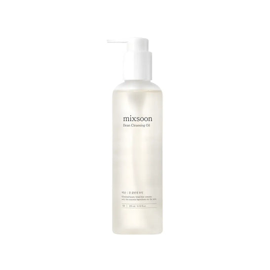 A clear minimalist bottle of mixsoon bean cleansing oil 195ml with white pump and simple black labeling for bean cleansing