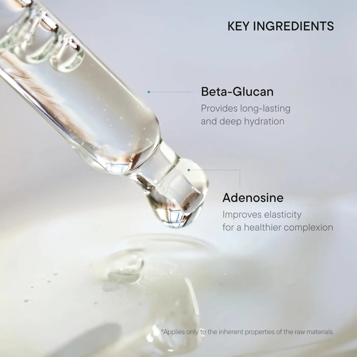 Clear glass dropper with a bulbous tip filled with transparent beta glucan power moisture serum for skin care
