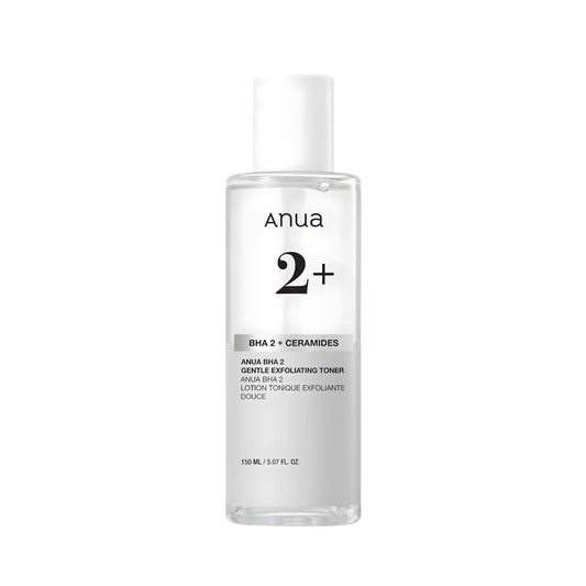 Clear glass bottle with white cap and minimalist label of anua bha 2 plus gentle exfoliating toner 150ml with salicylic acid