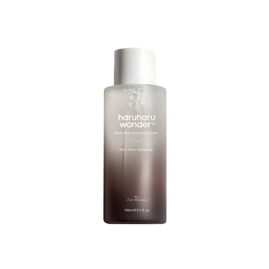 A sleek black rice hydrating toner bottle with gradient glass and a minimalist white cap from best korean skincare brands sa