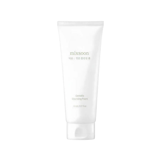 A sleek white tube of mixsoon centella cleansing foam 150ml with minimalist branding and a smooth matte finish