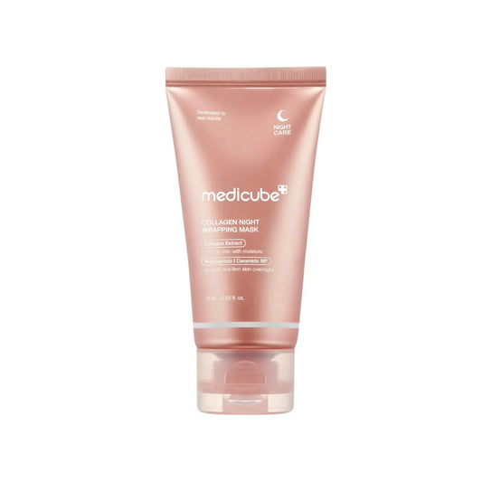 A sleek rose-gold tube of medicube collagen night wrapping mask 75ml with minimalist white text and clear flip-top cap