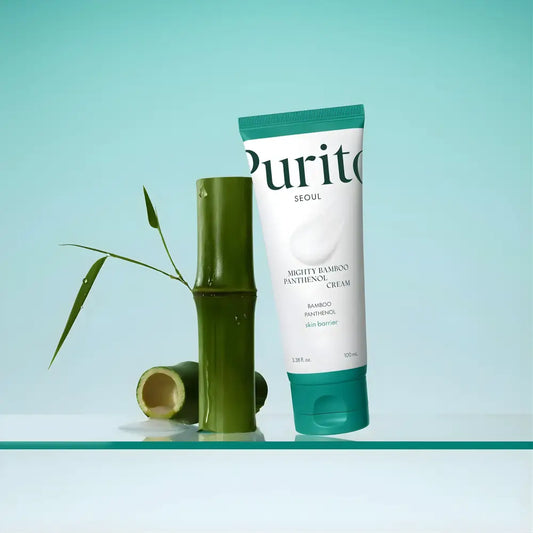 White tube of purito seoul mighty bamboo panthenol cream 100ml with teal accents and bamboo panthenol cream design