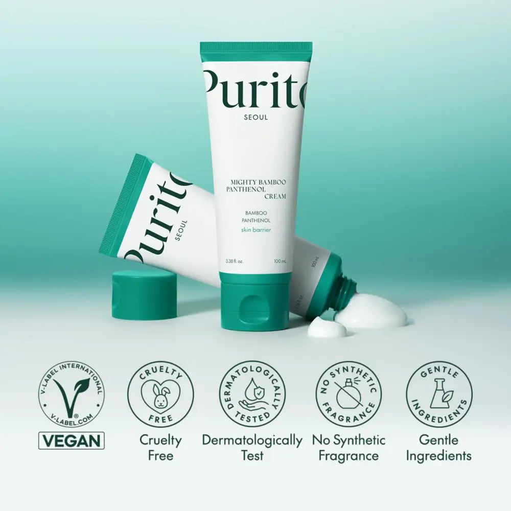 White tube of Purito mighty bamboo panthenol cream 100ml with teal cap and label featuring Korean text Seoul