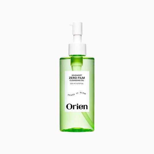A translucent green orien mugwort zero film cleansing oil bottle with white pump and minimalist label 200ml