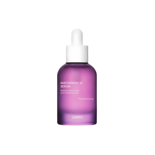 A sleek translucent purple glass bottle with white dropper cap of jumiso niacinamide 10 serum 40ml authentic korean skincare