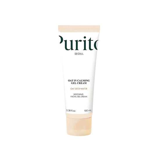 A sleek white purito seoul oat-in calming gel cream 100ml with beige cap featuring soothing oat seed water formula