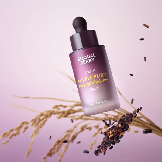 A sleek translucent purple glass bottle of equall berry pore fit purple pdrn pore minimizing serum from the best korean skincare brands sa
