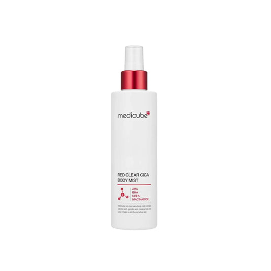 White plastic bottle with red spray nozzle labeled medicube red clear cica body mist for clear cica body care 200ml