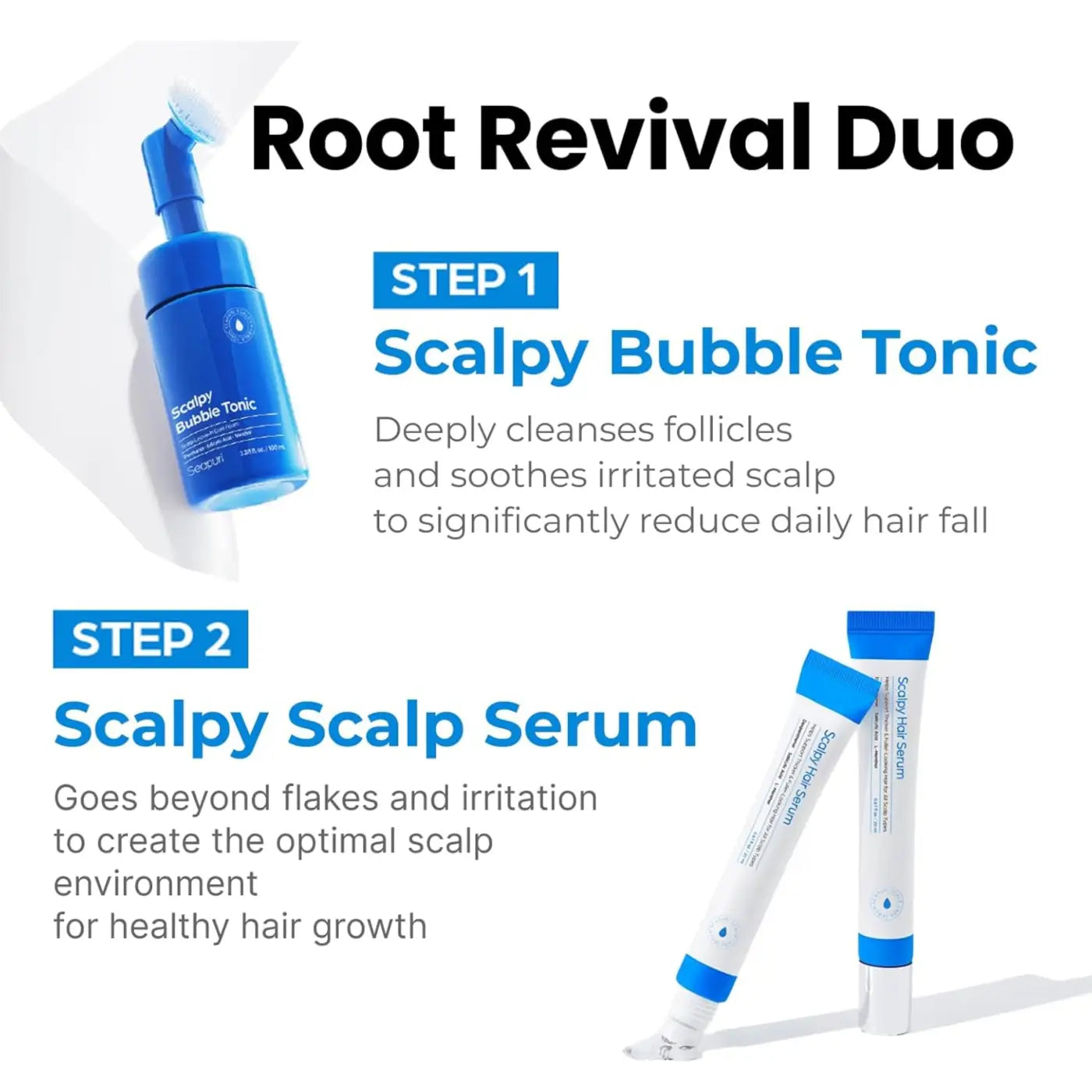 Blue foaming scalp tonic bottle with white label and blue pump dispenser for scalpy bubble tonic 100ml