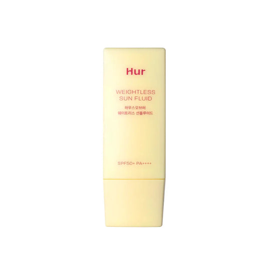 A pale yellow rectangular bottle of hur weightless sun fluid sunscreen with red text and spf50 plus pa++++ labeling