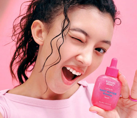 Pink glass dropper bottle labeled equal berry nad plus phosphate blushing serum in authentic korean skincare south africa guide