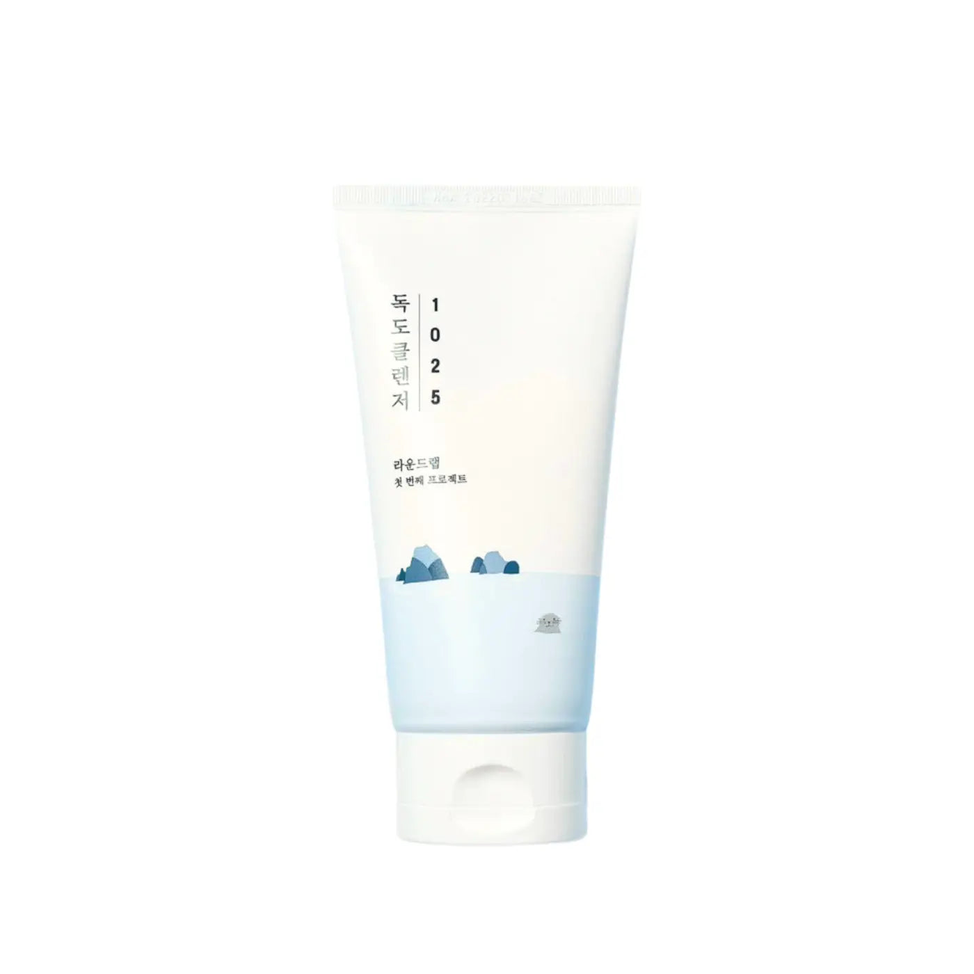 A minimalist white and light blue tube of 1025 dokdo cleanser 150ml with subtle mountain illustration from the seoul palette