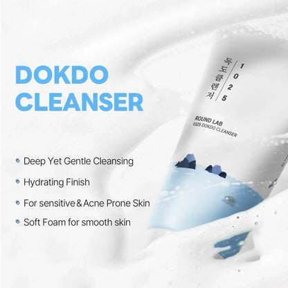 White tube of round lab 1025 dokdo cleanser 150ml with blue mountain illustration and korean text for best korean skincare brands sa