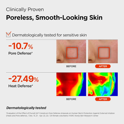 Clinically proven 24/7 colostrum pore defence ampoule 55ml serum for smooth, poreless skin with dermatological testing