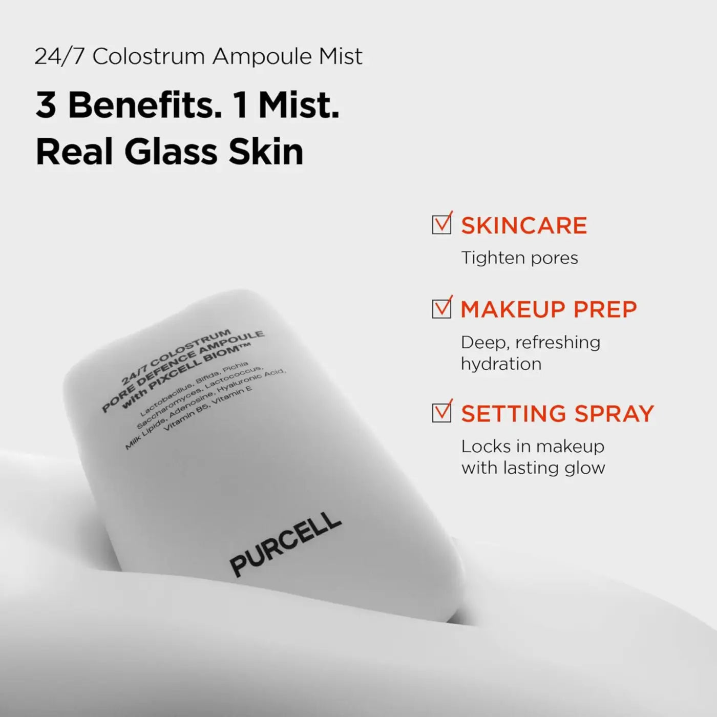 White rectangular bottle of purcell 24/7 colostrum pore defence ampoule 55ml with black text labeling