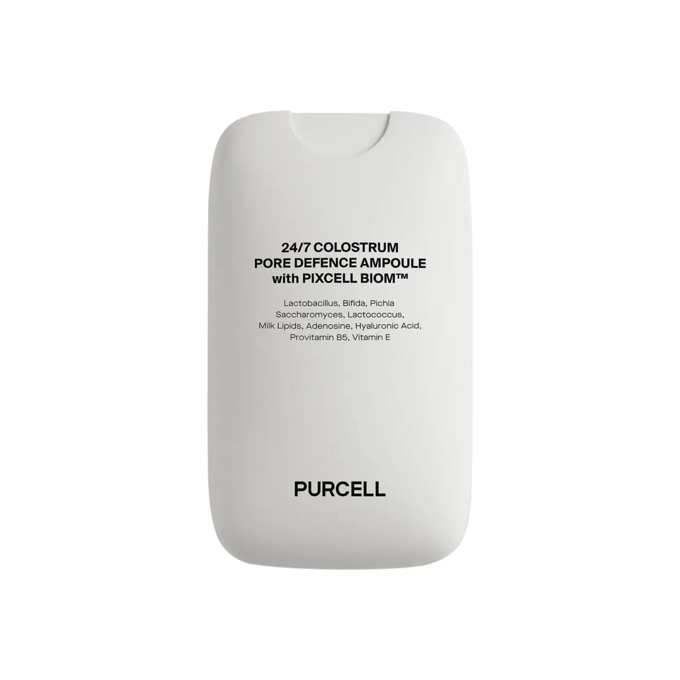 A sleek white rectangular bottle of purcell 24/7 colostrum pore defence ampoule with pixcell biom defence ampoule 55ml