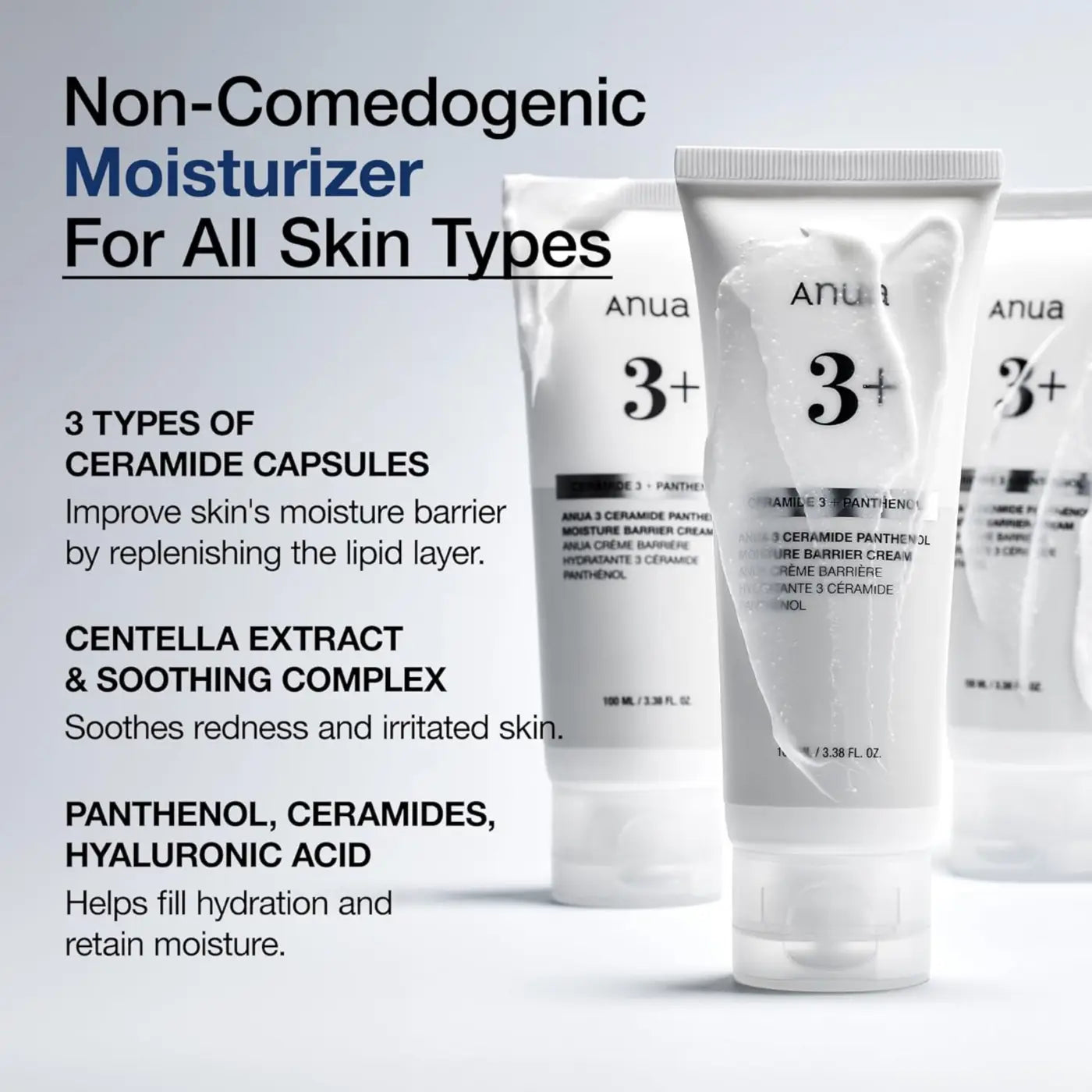 White anua 3 ceramide panthenol moisture barrier cream tubes with minimalist design for all skin types by best korean skincare brands sa