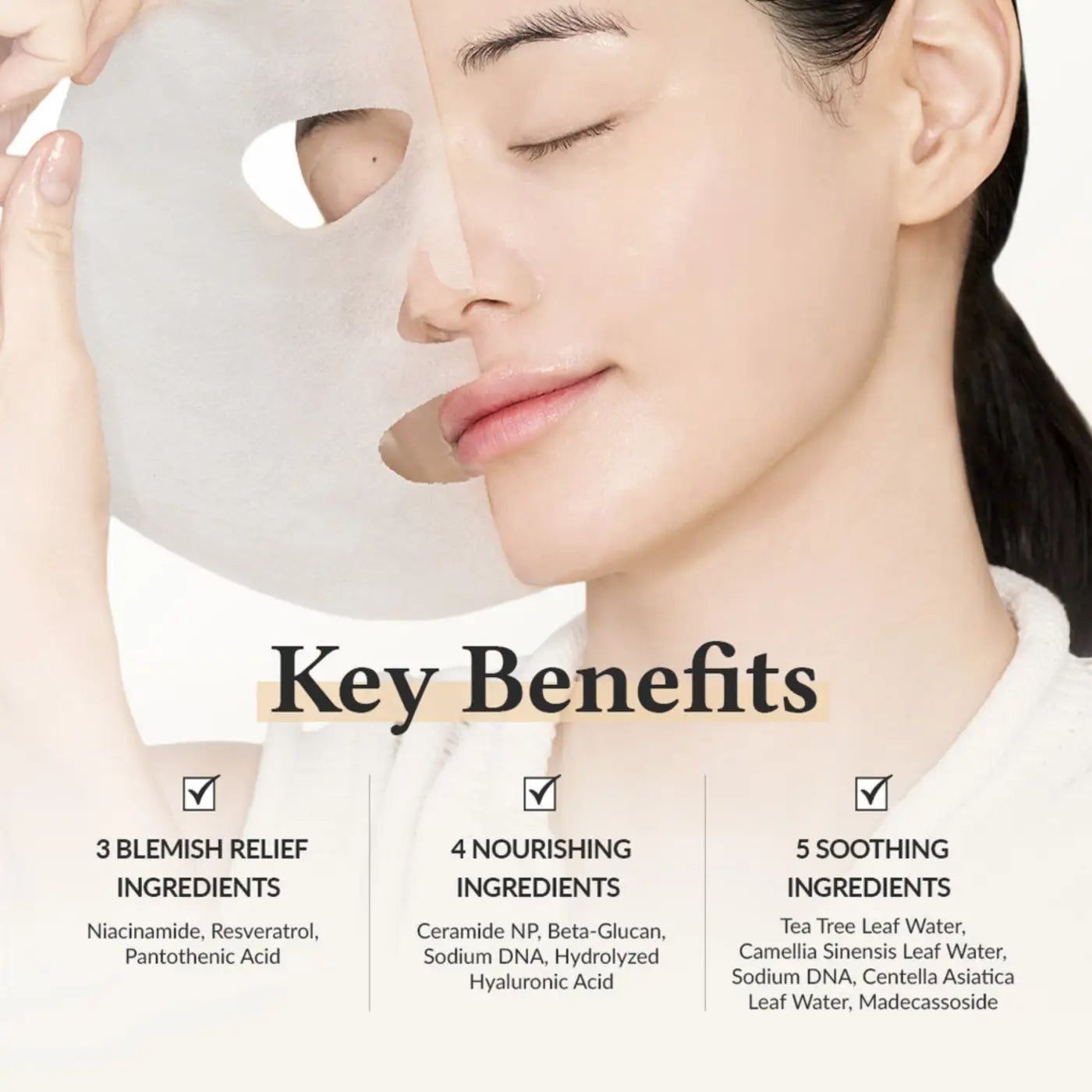 A translucent thin relief cream mask sheet with eye and nose cutouts for soothing skin treatment