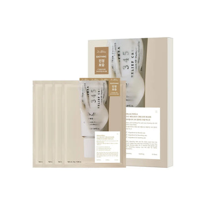 Beige rectangular box containing a set of dr 345 relief cream mask for soothing skin with relief cream mask benefits