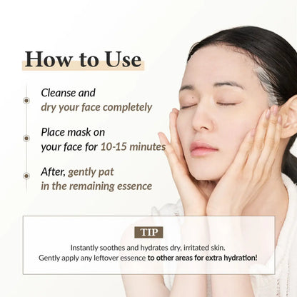 A woman with dark hair gently holds her face as a translucent gel relief cream mask is applied to her skin