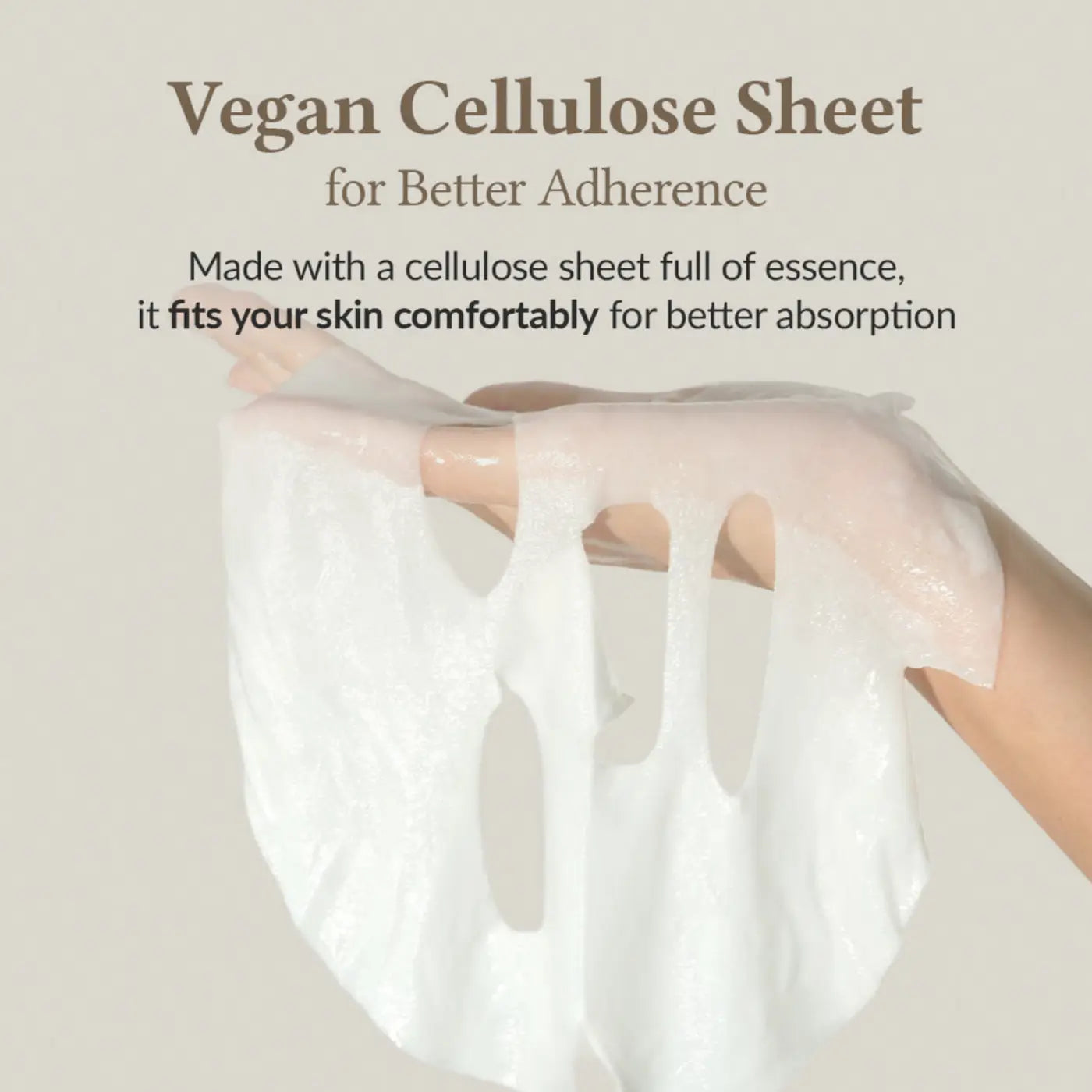A translucent white vegan cellulose relief cream mask with eye and nose cutouts for gentle skin adherence
