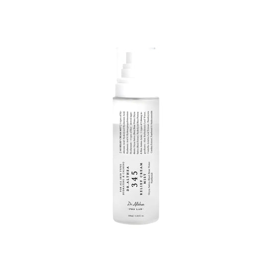 Clear glass bottle with white spray nozzle and minimalist label of dr 345 relief cream mist 100ml for moisture barrier care