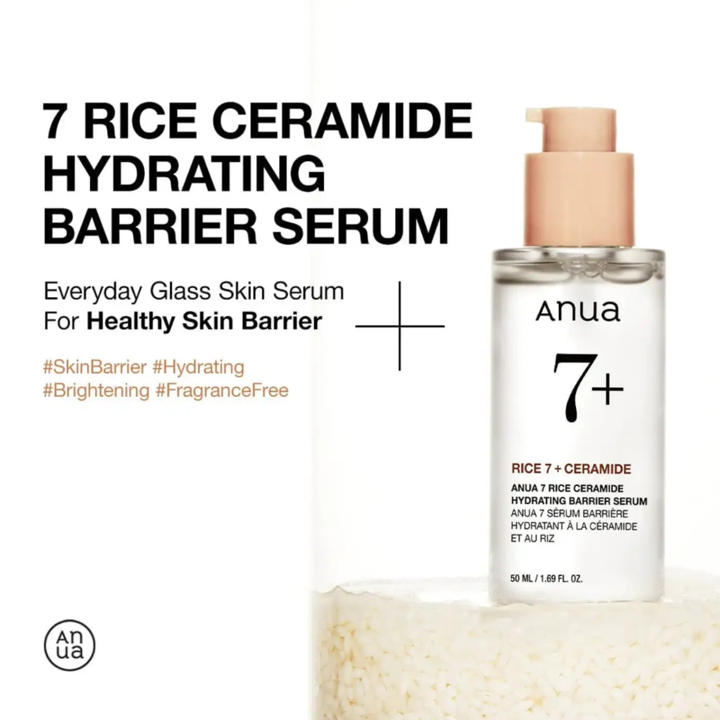 Clear glass bottle with beige pump labeled anua rice 7 rice ceramide hydrating barrier serum 50ml