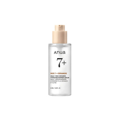 Clear glass bottle with beige pump dispenser of anua rice 7 rice ceramide hydrating barrier serum 50ml