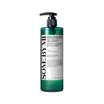 A sleek translucent green some by mi aha bha pha 30 days miracle acne clear body cleanser with black pump and white label