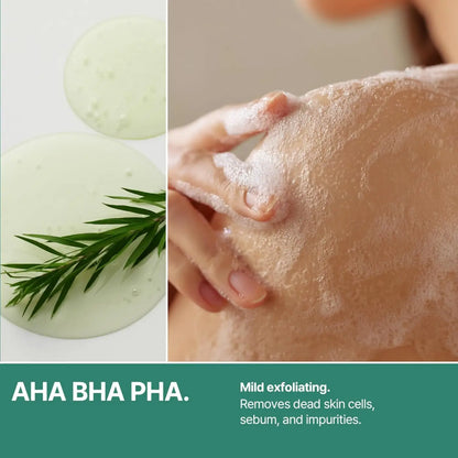 A translucent green aha bha pha exfoliating gel with fresh herbal accent from days miracle acne body cleanser
