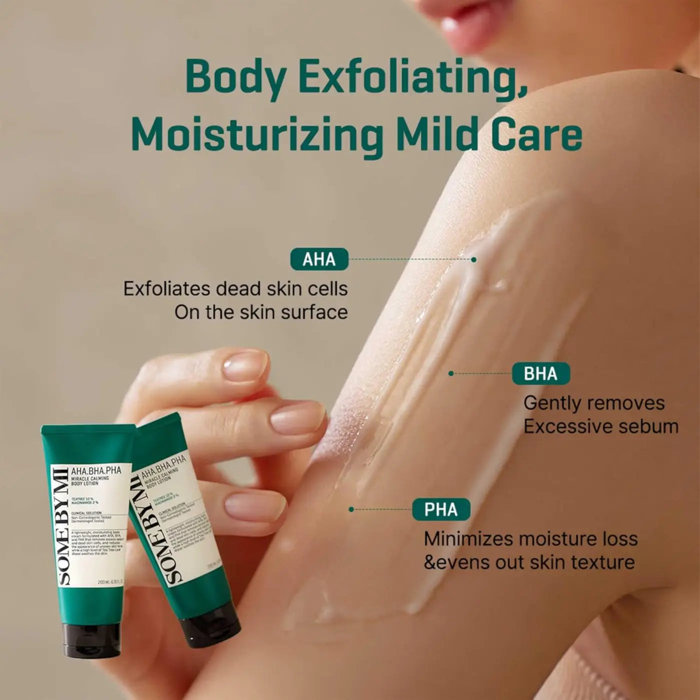 Green and white tube of some by mi aha bha pha miracle calming body lotion for soothing skin care use