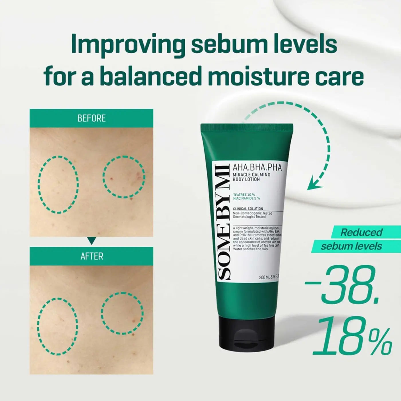 Green tube of some by mi aha bha pha miracle calming body lotion for soothing and hydrating skin care use