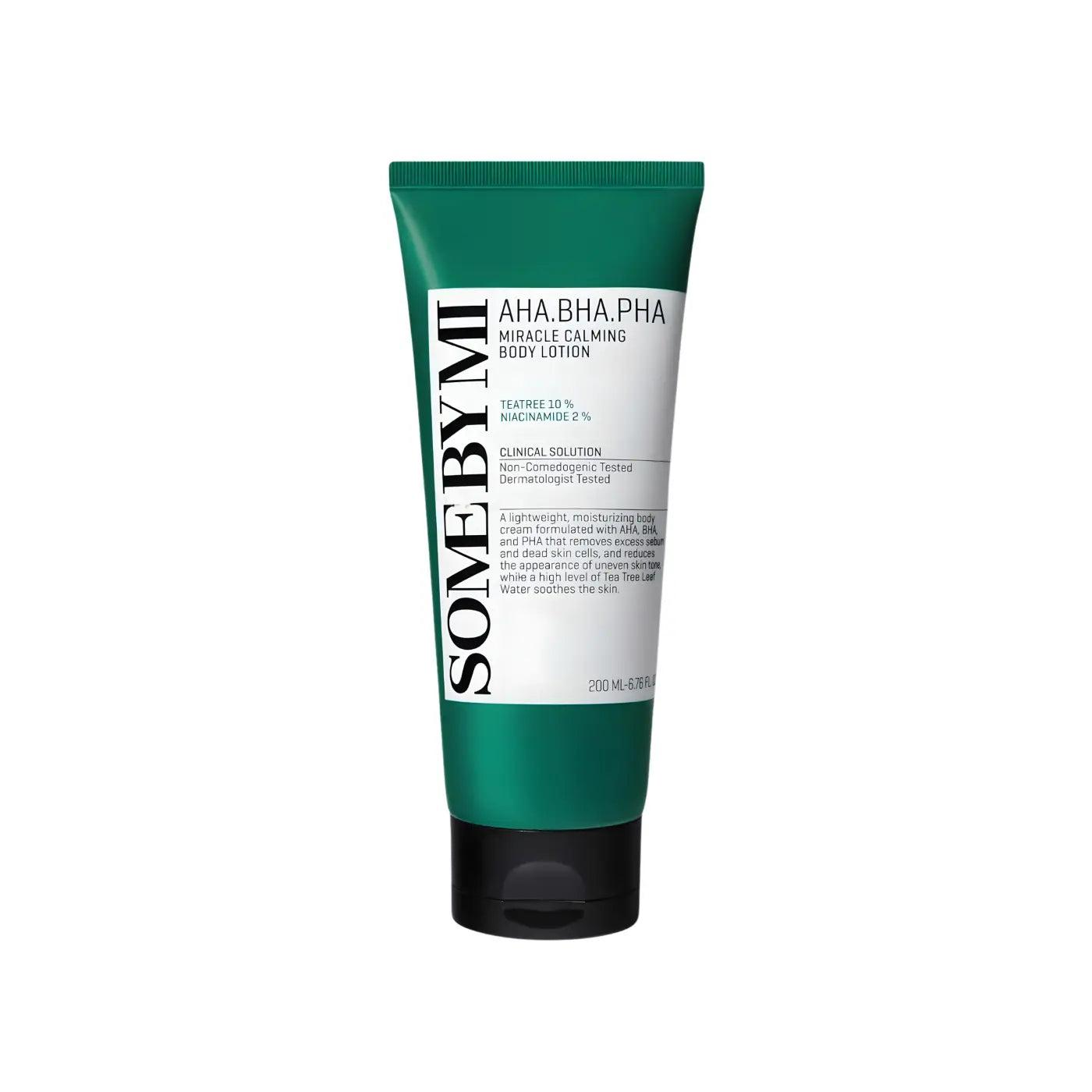 Green tube of some by mi aha bha pha miracle calming body lotion with black cap white label for soothing skin