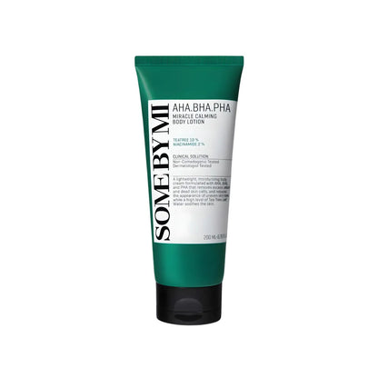 Green tube of some by mi aha bha pha miracle calming body lotion with black cap white label for soothing skin