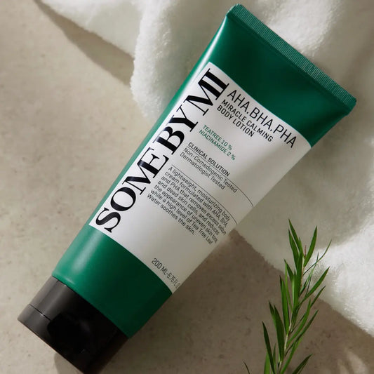 Green tube of sonebym bha pha miracle calming body lotion with white label featuring calming body lotion text