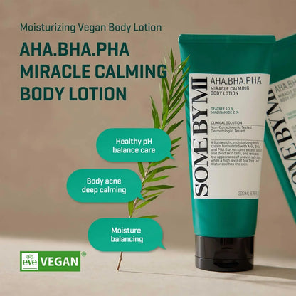 Teal tube of some by mi aha bha pha miracle calming body lotion with black cap and vegan dermatologist-tested formula