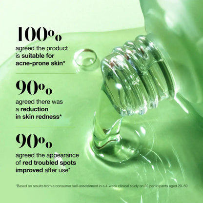 A clear glass bottle with a ribbed neck pouring translucent green azelaic acid serum for blemish-prone skin korean skincare