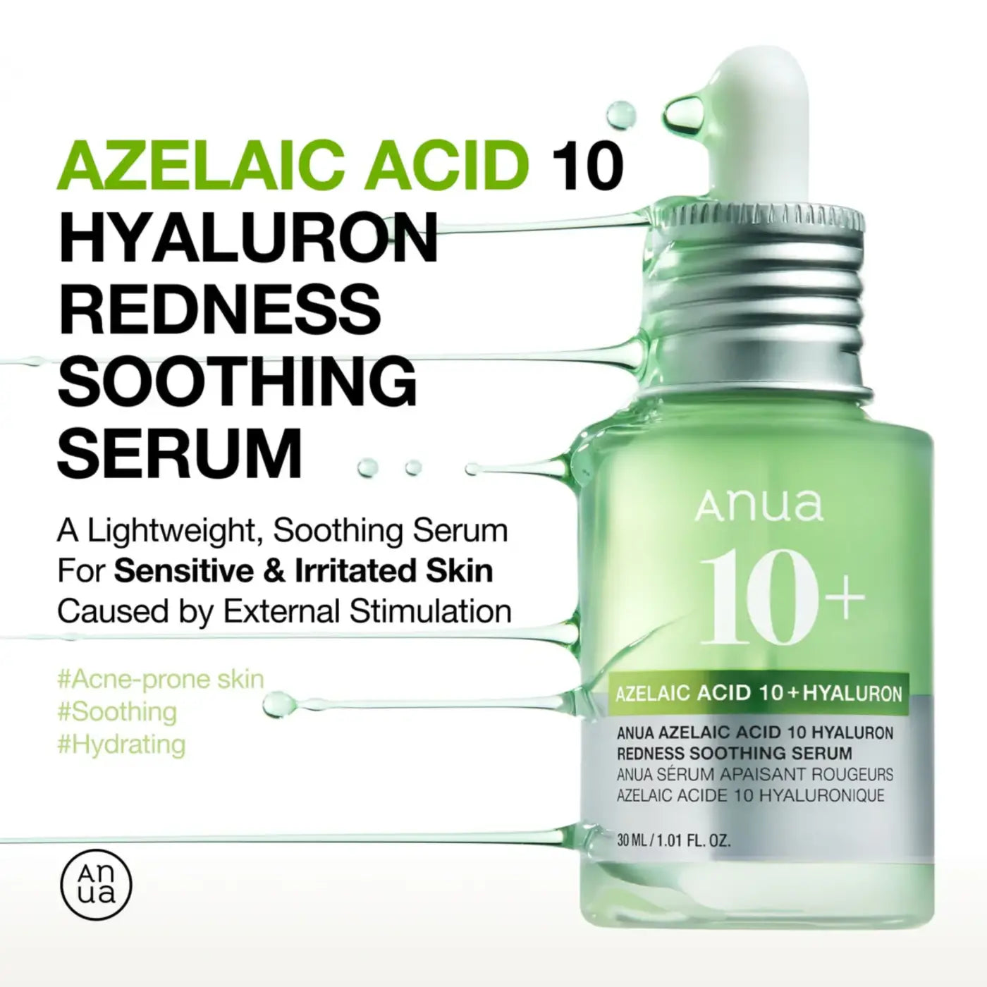 A clear glass bottle with silver dropper cap contains light green anua azelaic acid serum for blemish-prone skin