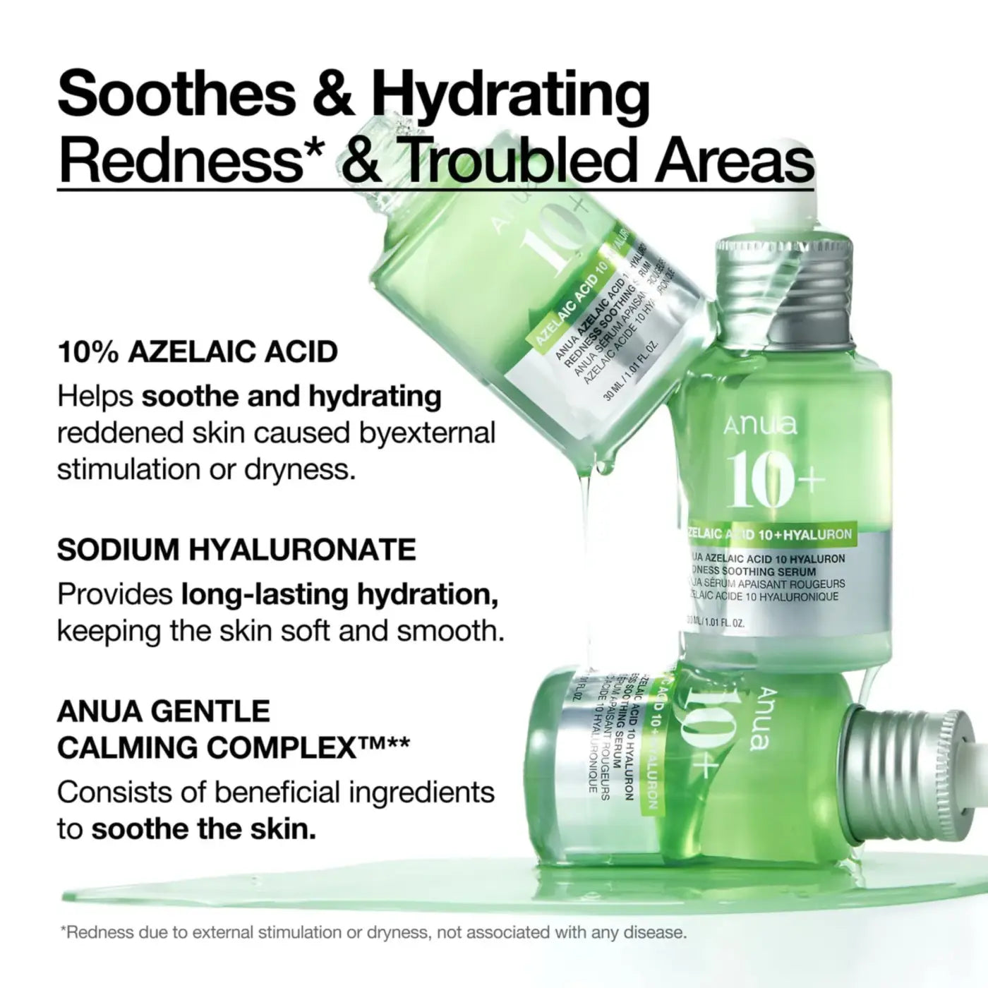 Green glass bottles of azelaic acid serum with silver caps and white labels for redness soothing blemish-prone skin