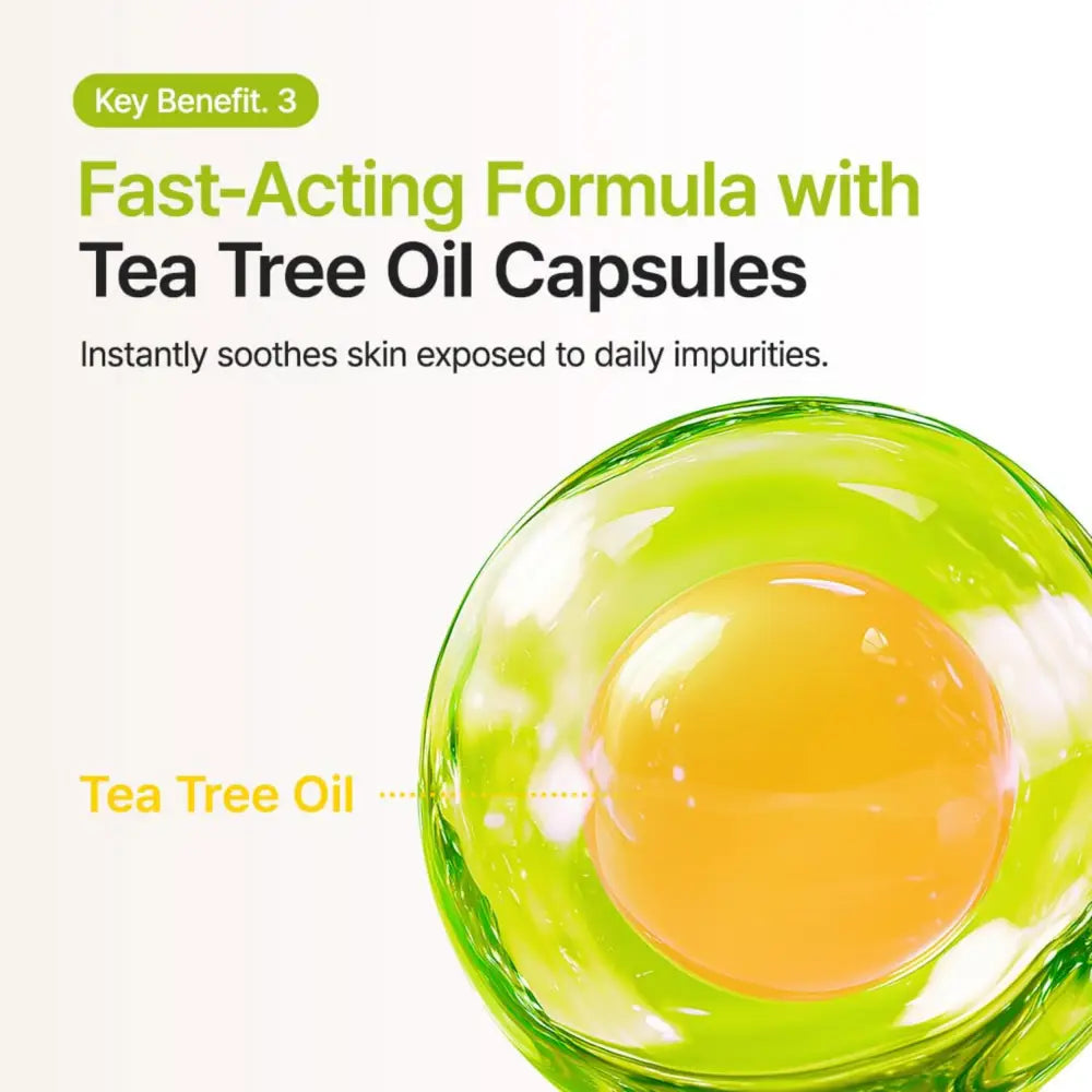 A translucent green capsule containing golden-yellow tea tree oil essence in azelaic acid 10 kojic tea tree serum 30ml