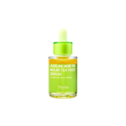 A vibrant lime green glass bottle of purito azelaic acid 10 kojic tea tree serum with a matching dropper cap