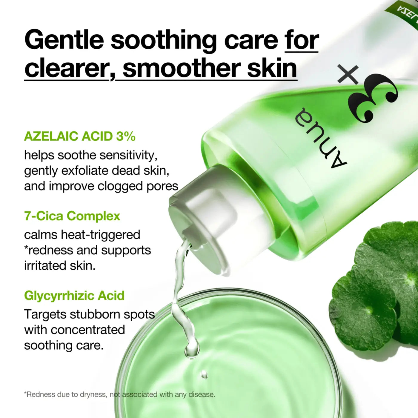 A translucent green bottle of anua azelaic acid 3 cica skin clarifying serum pouring clear liquid into a glass bowl