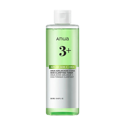 Clear glass bottle with white cap containing light green anua azelaic acid 3 cica skin clarifying toner liquid