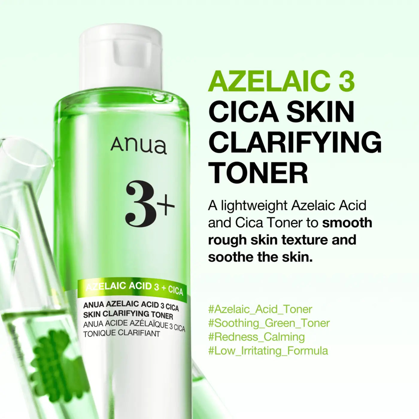 A translucent green bottle of anua azelaic acid 3 cica skin clarifying toner with white cap and black text labeling