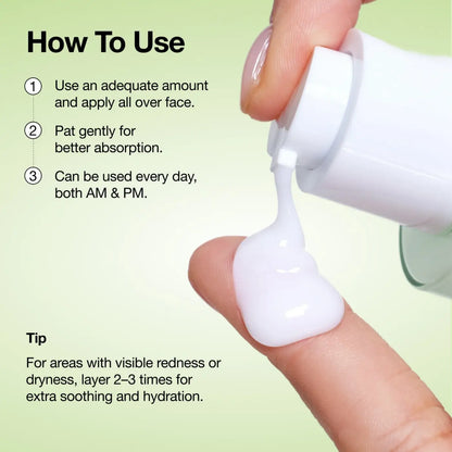 White plastic bottle with white cap dispensing thick creamy white azelaic acid cica skin soothing moisturizer onto fingertip